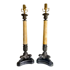 Pair Bronze Empire Lion Paw Alabaster Table Lamps