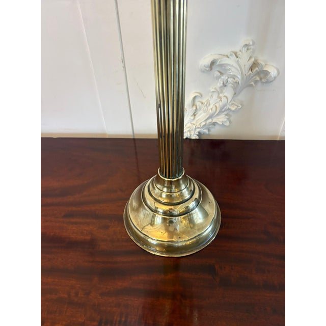 Gold Antique Edwardian English Brass Oil Lamp with Opaline Shade, 1900 For Sale - Image 8 of 11