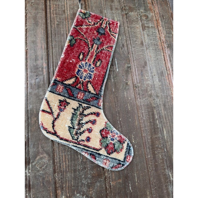 Vintage Turkish Rug Christmas Stocking, Bohemian Red Floral, Cream Blue ...