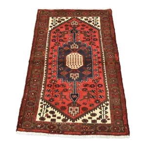 Hamedan Rug 3'2'' X 4'8'' Red Wool Vintage Tribal Hand-Knotted Oriental Carpet