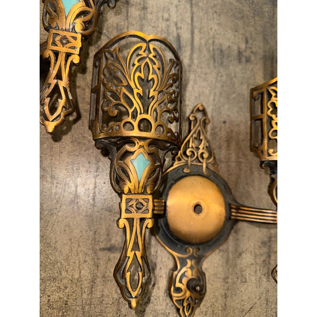 1920s Art Deco Polychrome Sconces With Robin’s Egg Blue Accents and Slip Shades - Set of 3 For Sale - Image 12 of 12