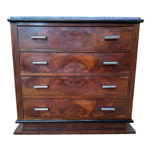Art Deco Chest of Drawers in Burl Walnut Veneer and Marble Top, 1930s For Sale