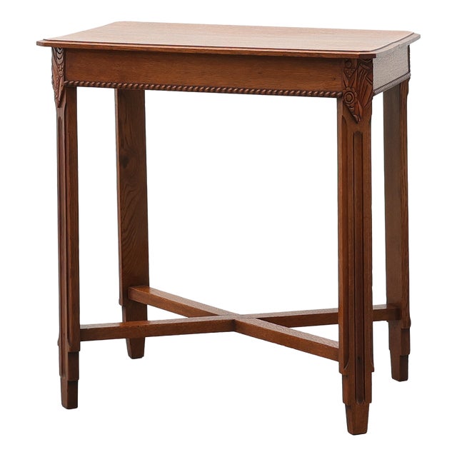 Art Deco French Side Table with Fluted Legs, Carved Frieze and X-Stretcher, 1920s For Sale