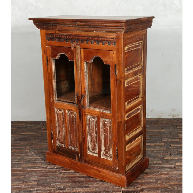 Solid Reclaimed Hand Carved Teak & Glass Cabinet, 2 Doors For Sale - Image 4 of 7