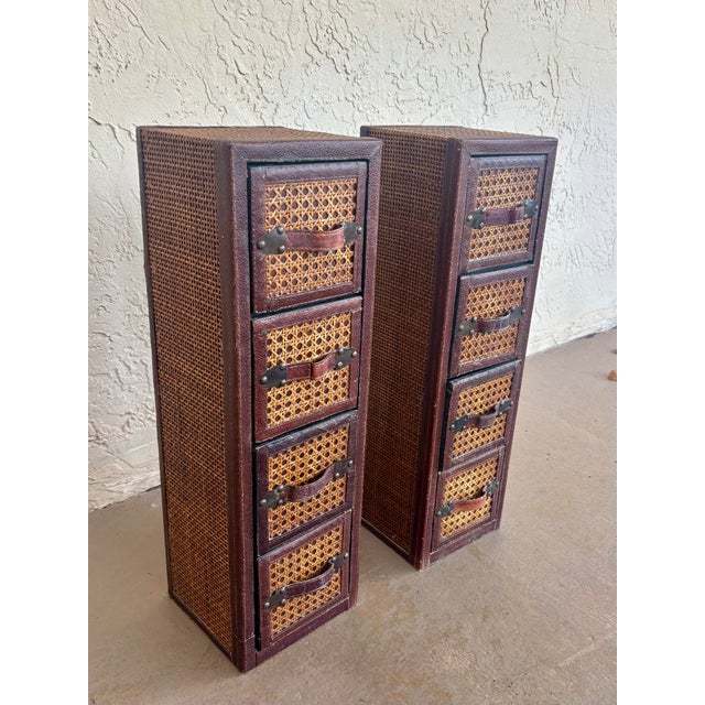 English Pair Vintage Leather & Cane Four Drawer Apothecary Chests, 1980s For Sale - Image 3 of 8
