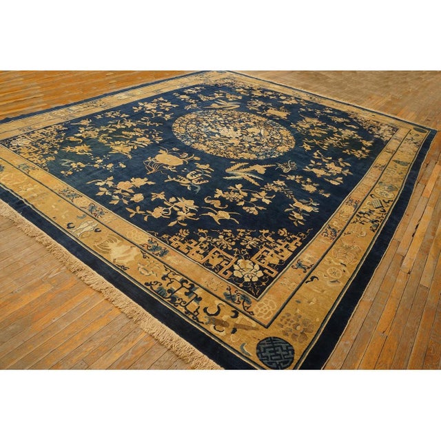 Antique Chinese - Peking Chinese Floral, Medallion Blue 1920s Rug, Circa Date: 1920s. This exceptional antique rug...