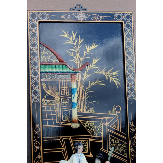 Vintage Chinese Black Lacquer Mother-of-Pearl Inlay Wall Panels - Set of 4 Chinoiserie Scenic Figures & Pagoda Landscape Art For Sale - Image 11 of 18