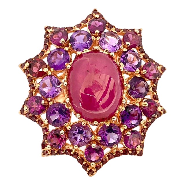 Bochic "Orient" Vintage Ruby, Rhodolite & Amethyst Ring Set In 18K Gold & Silver For Sale