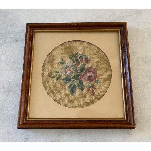 Shabby Chic Pair of Vintage Framed Floral Needlepoints For Sale - Image 3 of 8