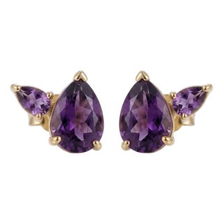 Minimalist Amethyst Dual Studs - Pear Shape Gemstone Studs - 925 Silver Handmade Earrings - A Pair For Sale