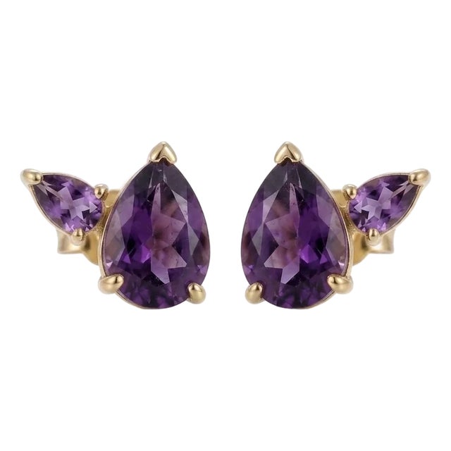 Minimalist Amethyst Dual Studs - Pear Shape Gemstone Studs - 925 Silver Handmade Earrings - A Pair For Sale