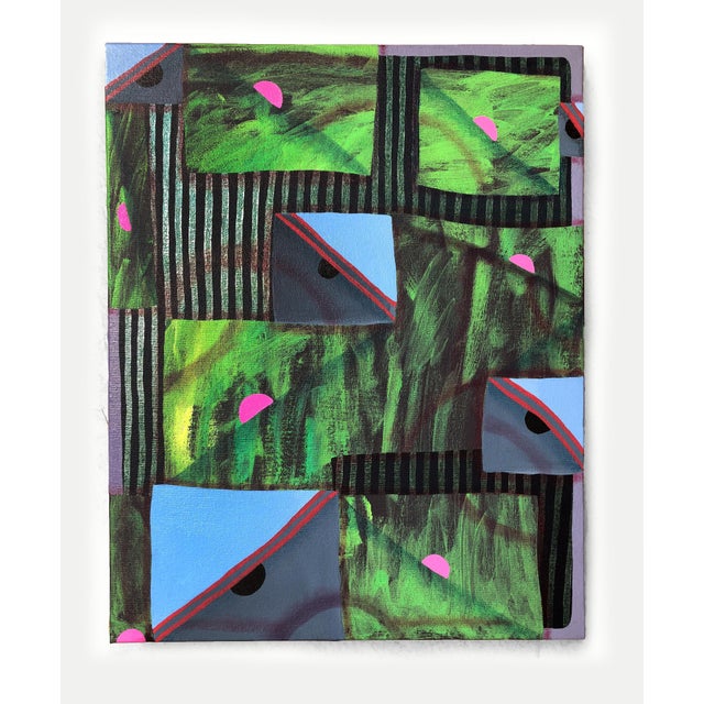 Contemporary geometric colorful abstract painting by Texas-based artist Max Manning. The work features organic and...