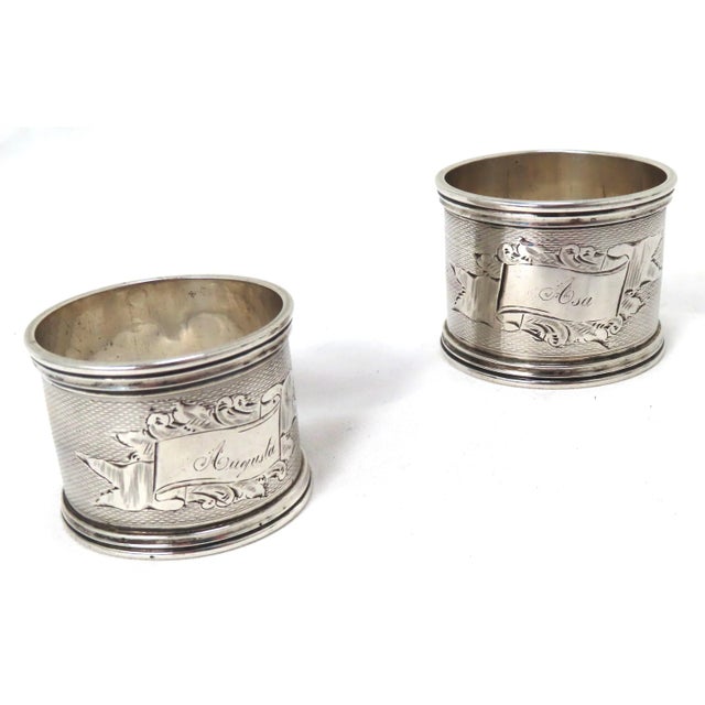 Metal Antique American Victorian Hand Engraved Sterling Silver Wedding Napkin Rings for Asa & Augusta For Sale - Image 7 of 13