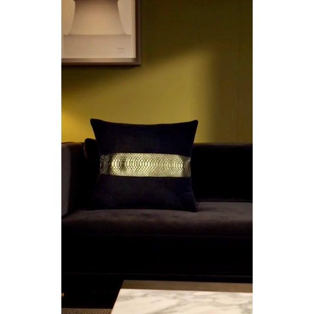 One-of-a-Kind Black Pillow With Green Metallic Snakeskin Accent | Handmade in New York For Sale In New York - Image 6 of 6