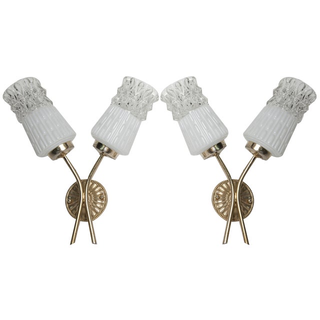 Brass and Glass Wall Lights, 1960s, Set of 2 For Sale