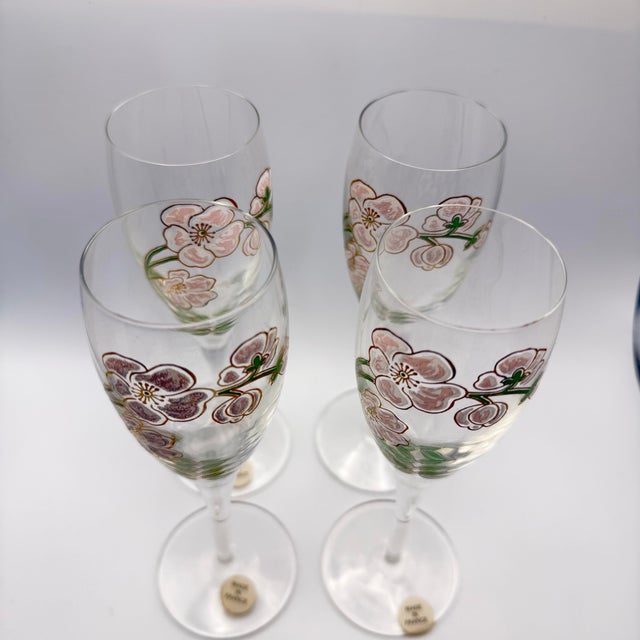Art Nouveau 1990s Pierre Jouet France Époque Art Nouveau Crystal Champagne Flutes Pink Flowers - Set of 4 For Sale - Image 3 of 11