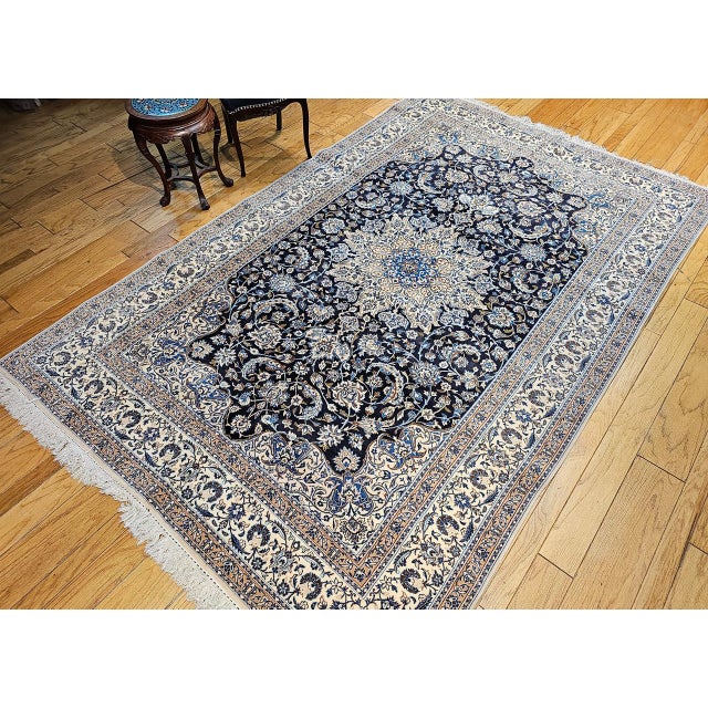 Vintage Persian Nain Area Rug, Hand-Knotted Wool & Silk, Floral Pattern, 7x11, Navy & Ivory For Sale - Image 9 of 17