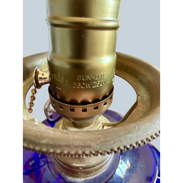 Late 19th Century Pair Cobalt Blue Coolidge Drape Oil Lamps-Converted Electric-Victorian Table For Sale - Image 9 of 10