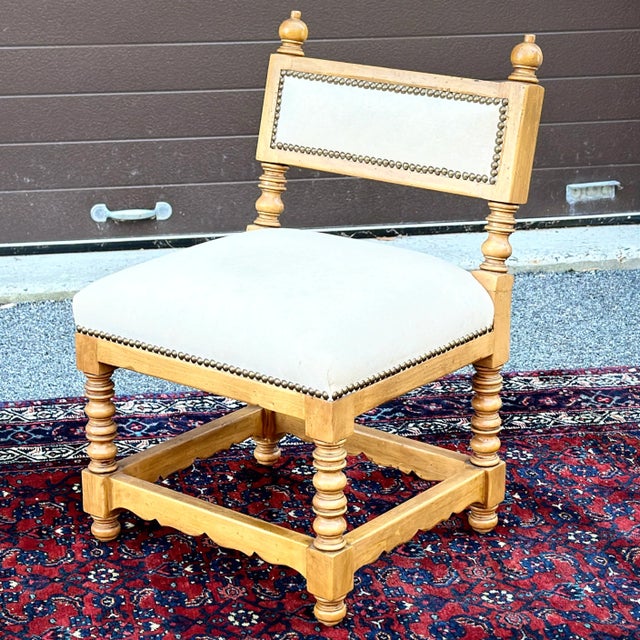 Vintage French Country Rustic Turned Pine Vanity Chair Seat Stool Bench
