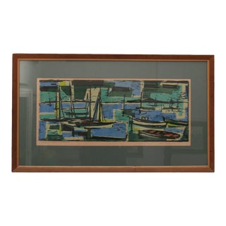 Sailboats Woodcut Print Mid-Century For Sale