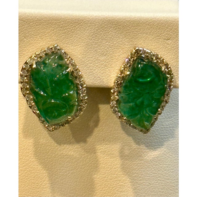 22 Ct Carved Emerald & 2 Ct Diamond Earrings 14 Karat Yellow Gold Post Earrings For Sale - Image 18 of 18