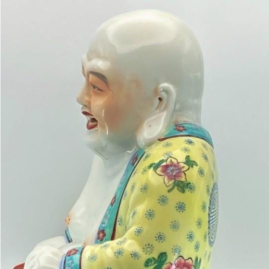 Rose Chinese Famille Rose Laughing Buddha Budai/Hotei Statue (Large 12.5”) Polychrome Ceramic Vintage For Sale - Image 8 of 18