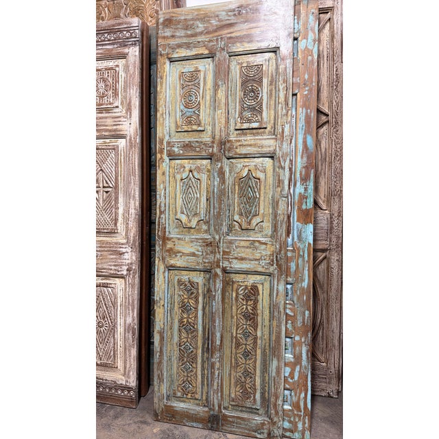 1920s Vintage Carved Wood Single Door in Rustic Blue | Handcrafted Farmhouse Barn Door 80x32 For Sale - Image 5 of 5