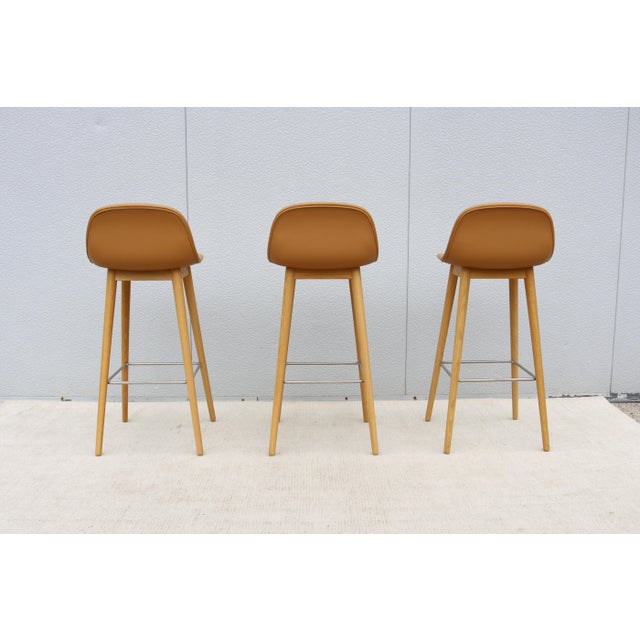 Danish Iskos-Berlin for Muuto Brown Leather Fiber Bar Stools Oak Base - Set of 3 For Sale - Image 11 of 18