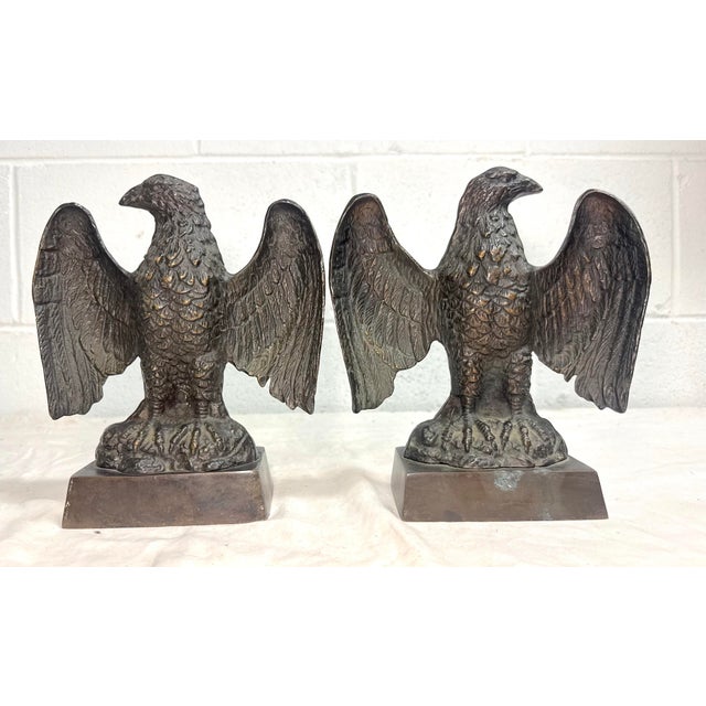 Figurative Pair of Vintage Solid Bronze Realistic Open Winged American Bald Eagle Bookends For Sale - Image 3 of 12