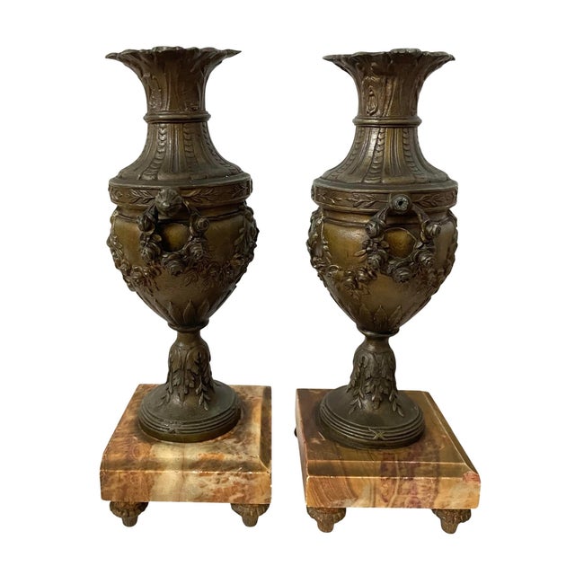Pair of Antique Late 19th Century French Bronze Urns Cassolettes Marble Bases For Sale - Image 4 of 12