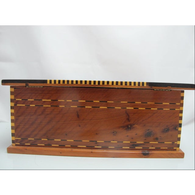 Moroccan Thuya Burl Wood Marquetry Mother of Pearl Inlaid Jewelry Lock Box For Sale - Image 4 of 11