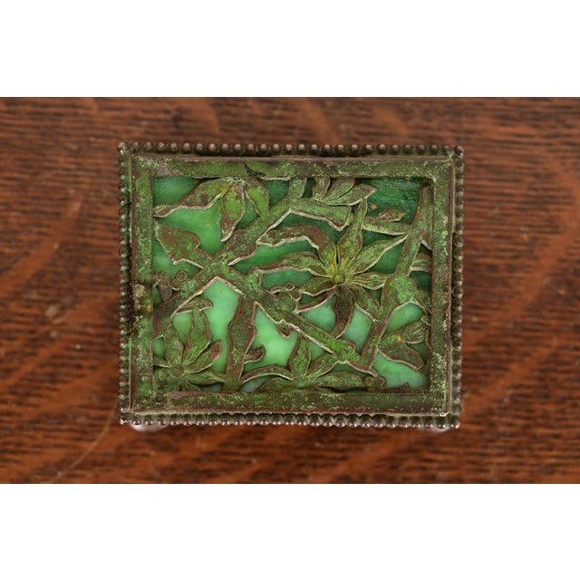 Early 20th Century Apollo Studios New York Arts & Crafts Grapevine Pattern Bronze and Slag Glass Stamp Box For Sale - Image 5 of 12