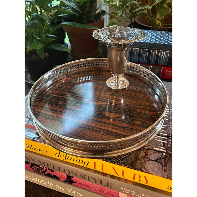 1960s Italian Silverplate Pierced Gallery Tray With Faux Bois Bakelite or Formica Surface For Sale - Image 4 of 8
