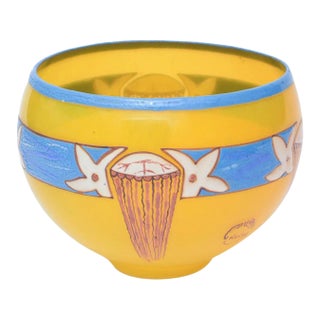 French Art Deco Signed Andre Delatte Hand Blown Glass Bowl Yellow, Blue, Red Brown For Sale