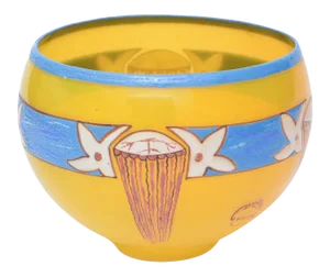 French Art Deco Signed Andre Delatte Hand Blown Glass Bowl Yellow, Blue, Red Brown