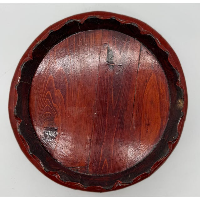 Red Antique Asian Red Lacquered Wood Covered Rice Bowl With Metal Hardware For Sale - Image 8 of 10