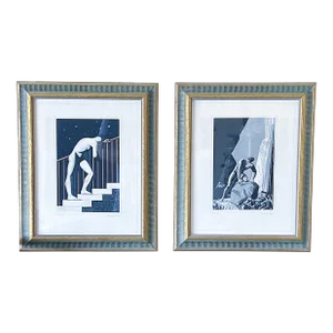 1940s "Many More" and "How Soon" Art Deco Figurative Prints After Rockwell Kent, Framed - a Pair