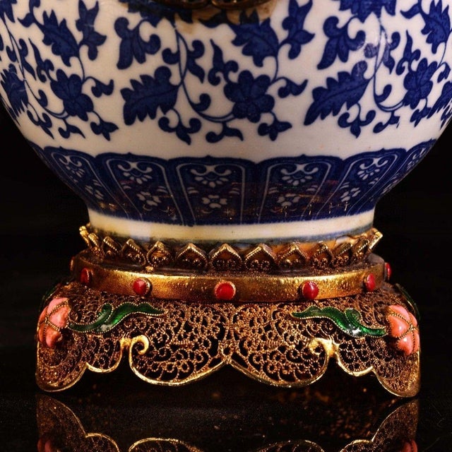 Vintage Chinese Blue and White Porcelain Vase With Gilt Bronze Dragon Handles and Elaborate Stand For Sale - Image 9 of 9