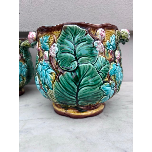 Ceramic Majolica Flowers & Leaves Cache Pots Luneville Circa 1890-a Pair For Sale - Image 7 of 11