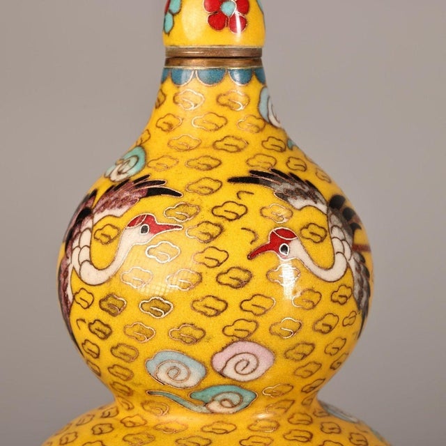 Vintage Chinese Yellow Cloisonné Dragon & Phoenix Double-Gourd Vase - 1300g For Sale In Los Angeles - Image 6 of 10