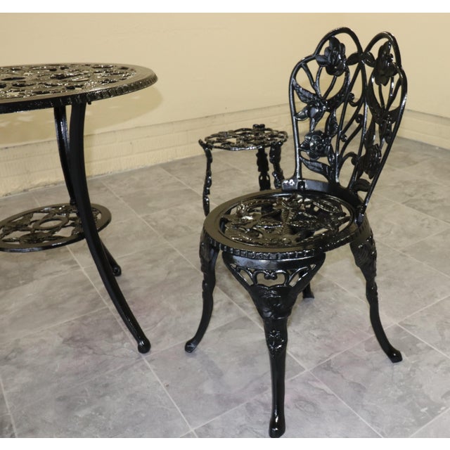 1950s Rose-Pattern Cast Iron and Aluminum Garden Bistro Set With Two Plant Stands, 5 Pieces For Sale - Image 9 of 16