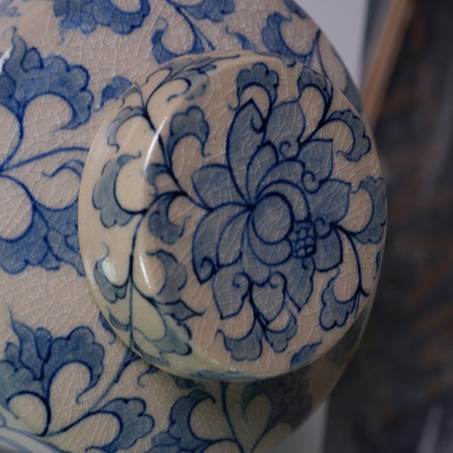 Hand-Painted Lotus & Vine Lidded Jar With Crackle Glaze Ceramic by Pottery 12, Hanoi Studio Art Ceramic For Sale - Image 4 of 5