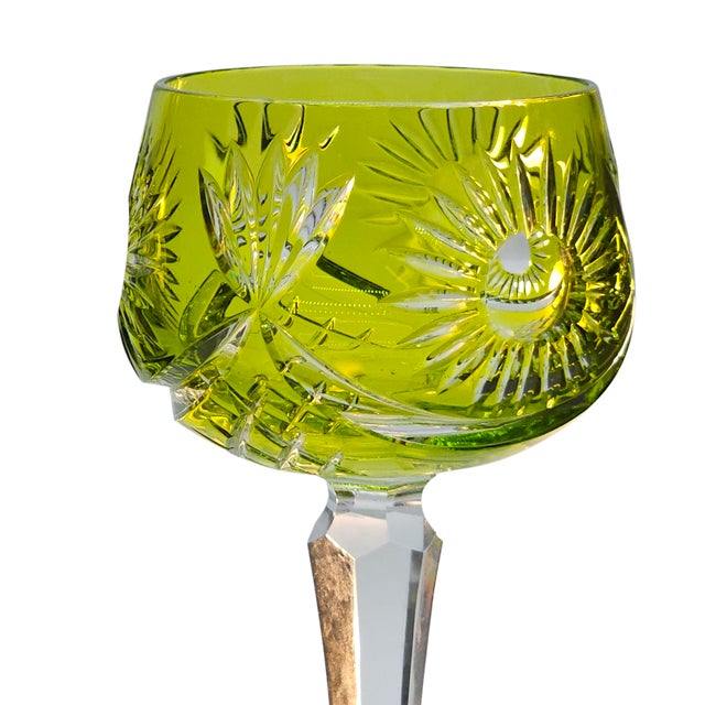 Late 20th Century Exquisite Bohemian Bohemian Lime Green Cut to Clear Wine Glass With Fans Floral Design For Sale - Image 5 of 11