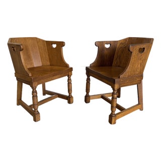 Pair of Dutch Colonial Style Vintage Oak Barrel Back Chairs For Sale