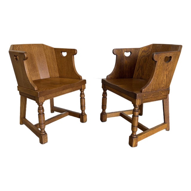 Pair of Dutch Colonial Style Vintage Oak Barrel Back Chairs For Sale