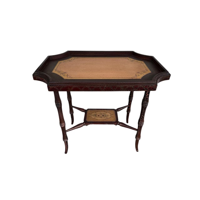 English Victorian Bobbin Turned Wood Tea Table With Tray Top and Shelf | Spool Leg Occasional Table Accent Table — Crackle Finish,Vintage Accent Table For Sale - Image 11 of 11