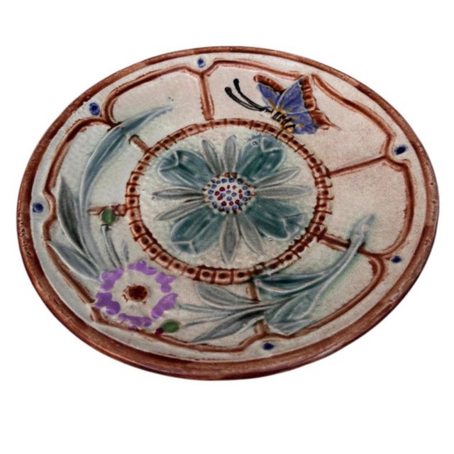 19th Century Majolica Flowers & Butterfly Plate Wasmuel.