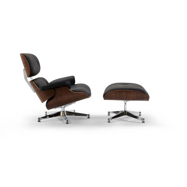 Wood Pasargad Home Portfino Black Leather Lounge Chair With Ottoman For Sale - Image 7 of 11