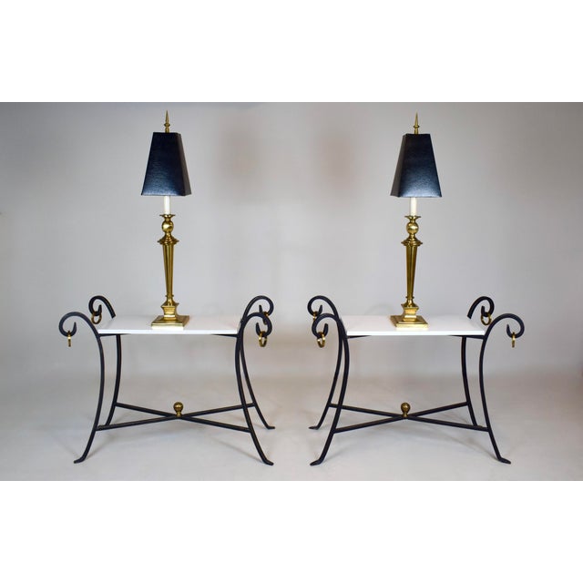 A spectacular pair of Hollywood Regency brass table lamps, generous in size by Mutual Sunset Lamp Corp., New York, 1980's....