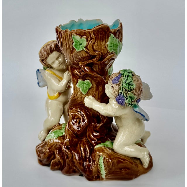 Victorian English Majolica Putti Spill Vase, Faux Bois, 19th Century For Sale - Image 3 of 14